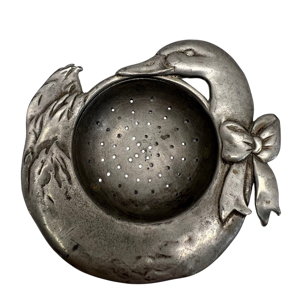 Vintage Pewter Duck Tea Strainer with Bow Silver Tone Rustic Kitchenware Kitsch